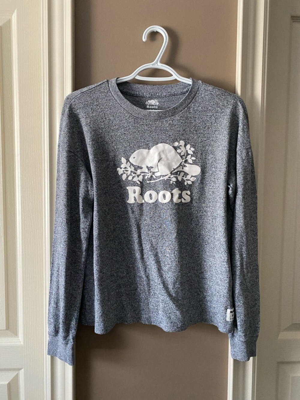 Roots Heather Gray Crewneck with White Logo Graphic